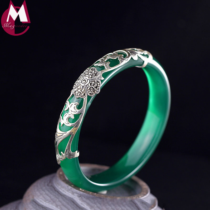 Classic 10mm Wide Green Chalcedony Bracelet For Women Vintage Clover Elegant Leaves Jewelry Real 925 Sterling Thai Silver Bangle