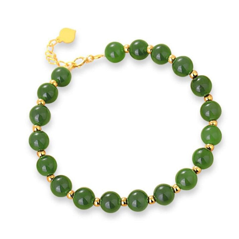 Classic 18K Gold Beaded Charm Bracelet For Women 6mm Genuine Green Jade Beaded Bracelet Birthd Gift 15-18cm Length