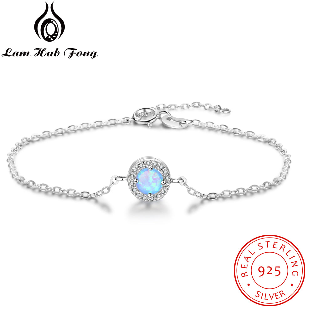 Classic 925 Sterling Silver Created Round Blue Opal Stone Bracelets For Women Cubic Zirconia Fine Jewelry Gift (Lam Hub Fong)
