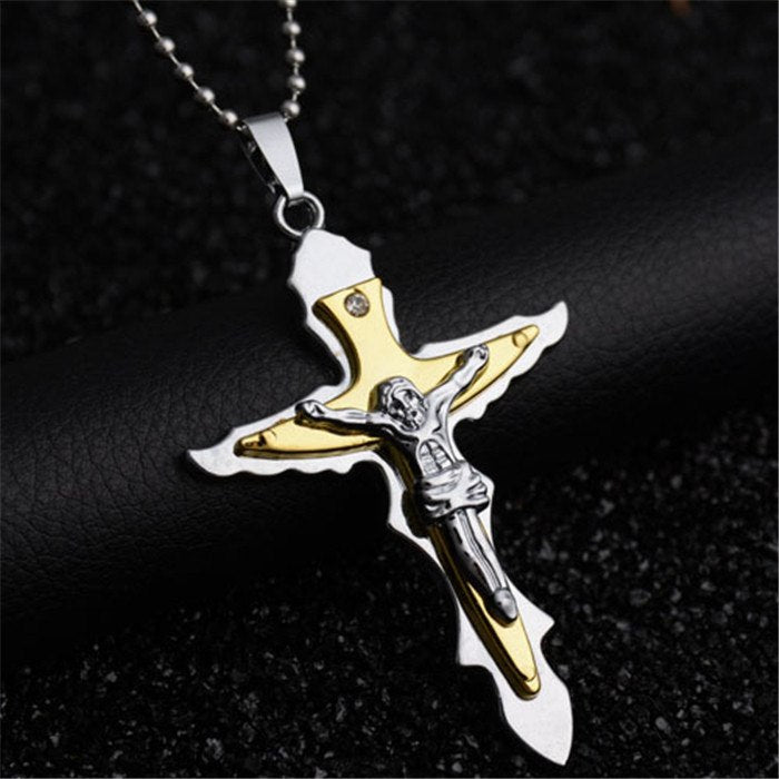 Classic Biker Jewelry Stainless Steel Big Cross Necklace Titanium Gold Skull Crucifix Jesus Pendent Necklace for Women Men Gift