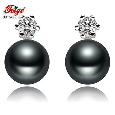 Classic Black Pearl Stud Earrings for Women Anniversary Jewelry 8-9MM Pearls 925 Silver Earring Dropshipping FEIGE