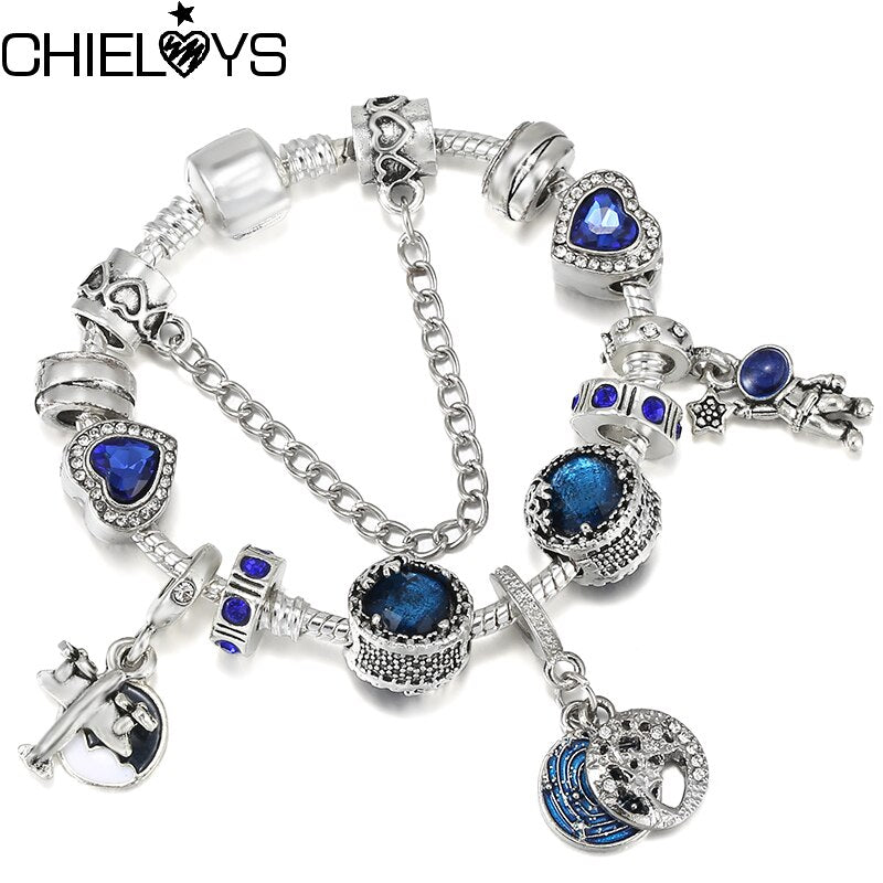 Classic Blue Hearts Charms Beads Astronaut&Airplane Pendant DIY Charm Bracelet For Women Children Jewelry Gifts