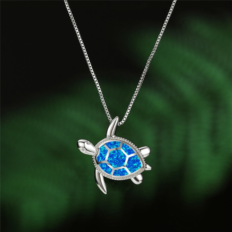 Classic Blue Imitation Opal Pendant For Women Silver Color Chain Necklace Women Sea Turtle Crystal Wedding Jewelry