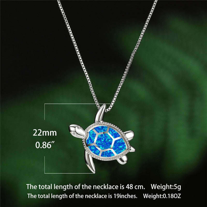 Classic Blue Imitation Opal Pendant For Women Silver Color Chain Necklace Women Sea Turtle Crystal Wedding Jewelry
