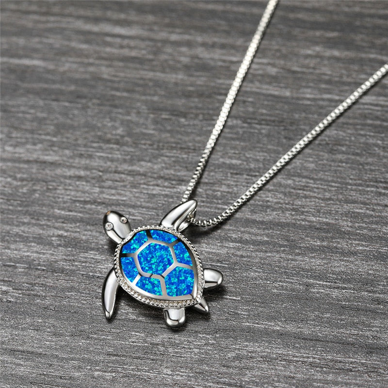 Classic Blue Imitation Opal Pendant For Women Silver Color Chain Necklace Women Sea Turtle Crystal Wedding Jewelry