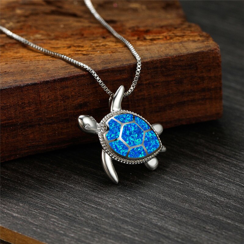 Classic Blue Imitation Opal Pendant For Women Silver Color Chain Necklace Women Sea Turtle Crystal Wedding Jewelry