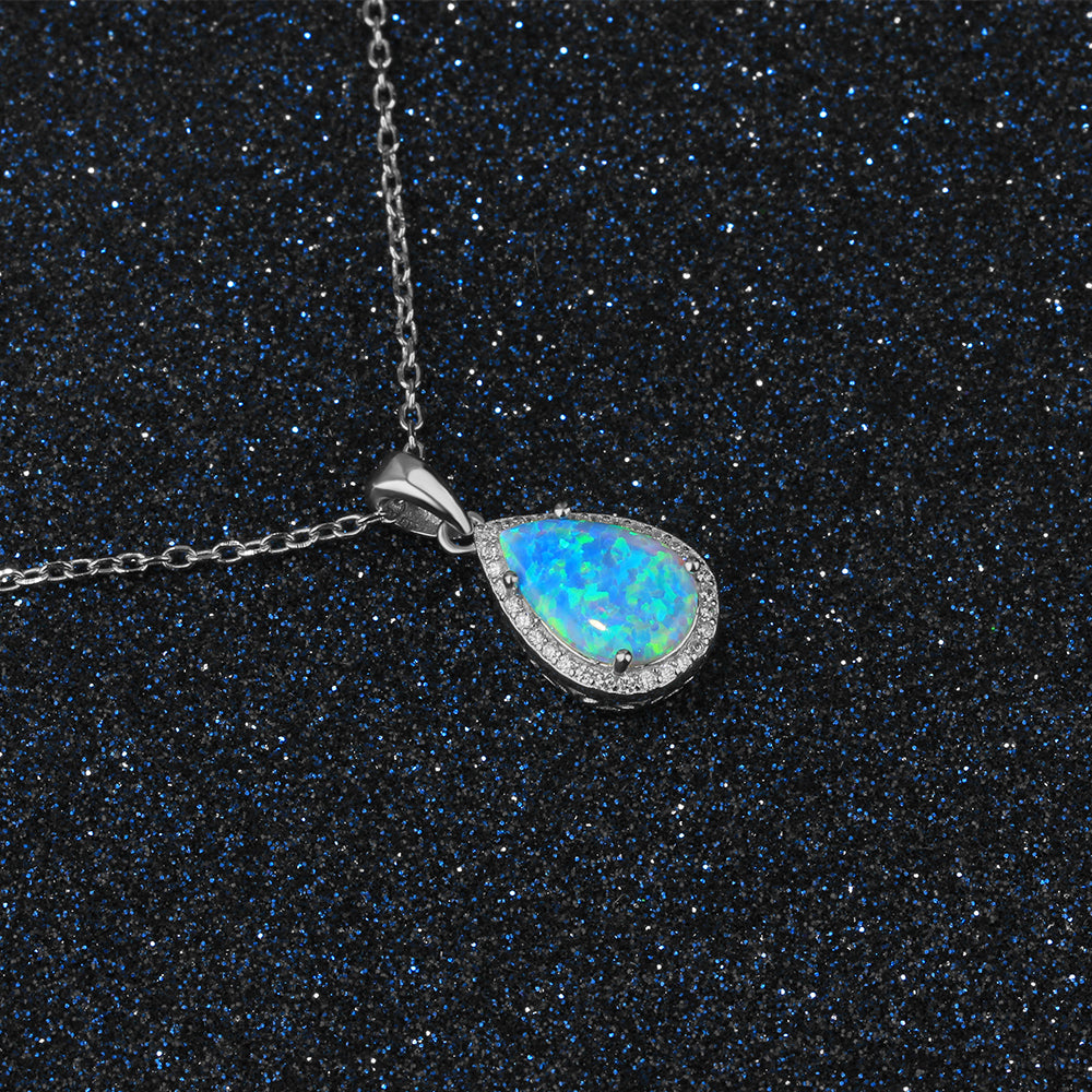 Classic Blue OPAL Teardrop Pendant Necklace For Women Water Drop Luxury 925 Sterling Silver Zircon Fine Jewelry (Lam Hub Fong)