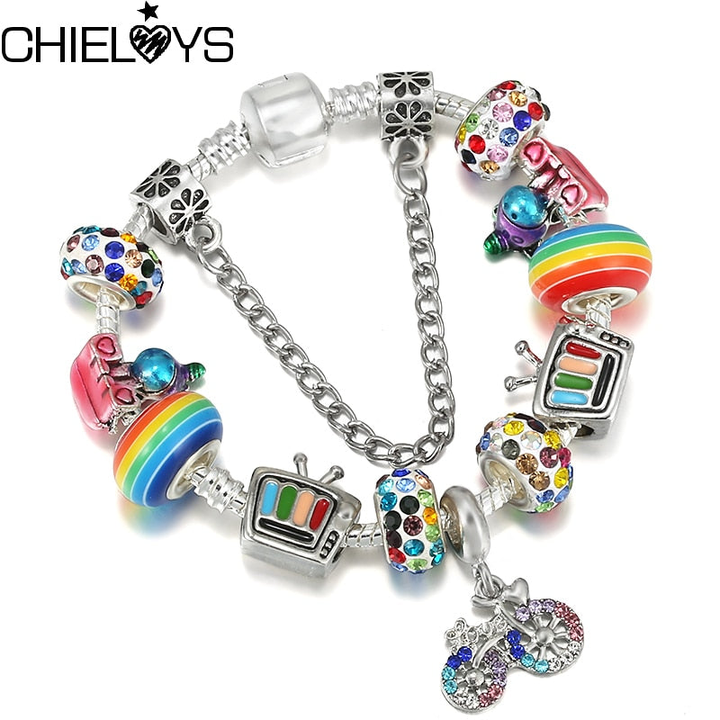 Classic Colorful Unicorn Charms Beads Crystal Bike Pendant Snake Chain DIY Charm Bracelet For Women Jewelry Gifts
