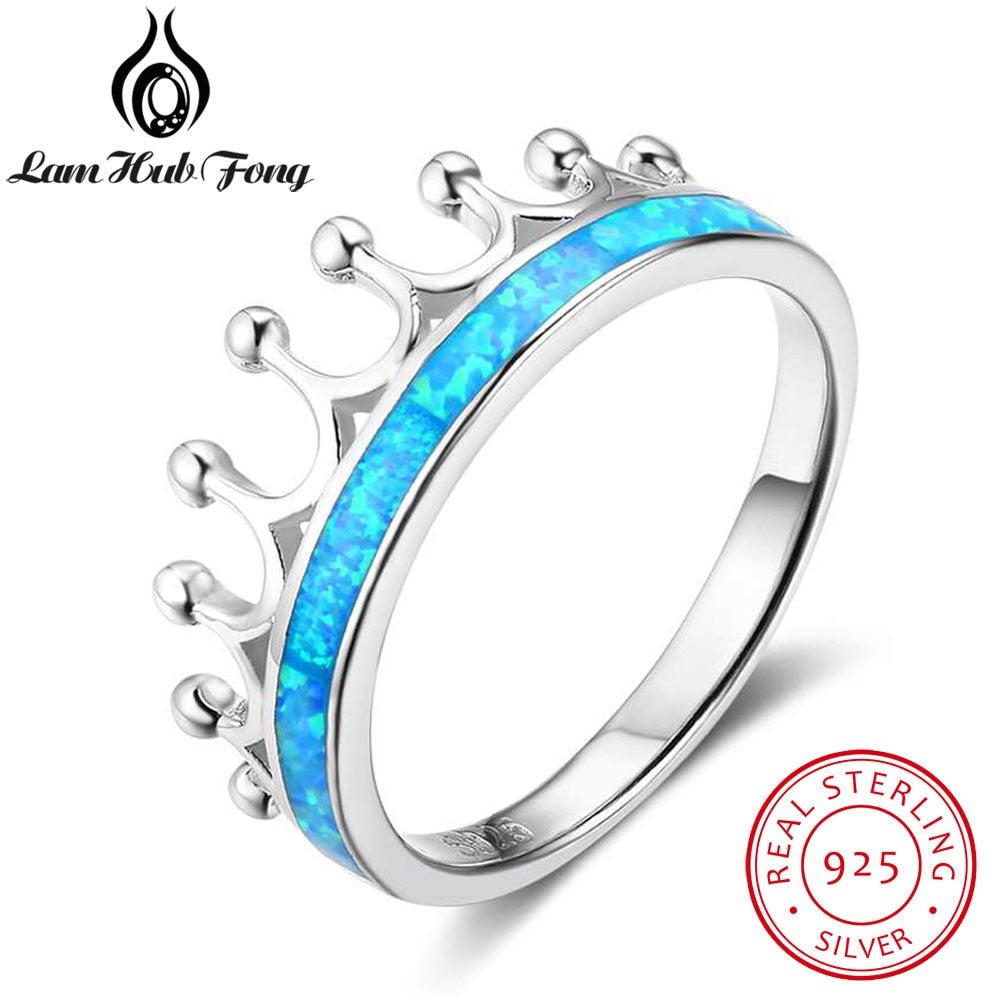 Classic Crown Blue Fire Opal Rings Women 100% 925 Sterling Silver Ring Jewelry Wedding Anniversary Gift For Her (Lam Hub Fong)