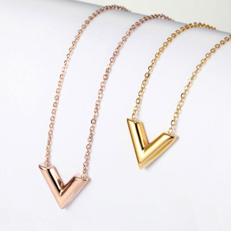 Classic Design Famous Brand V Letter Pendant Necklace For Woman Stainless Steel Woman Necklace  Jewelry Female