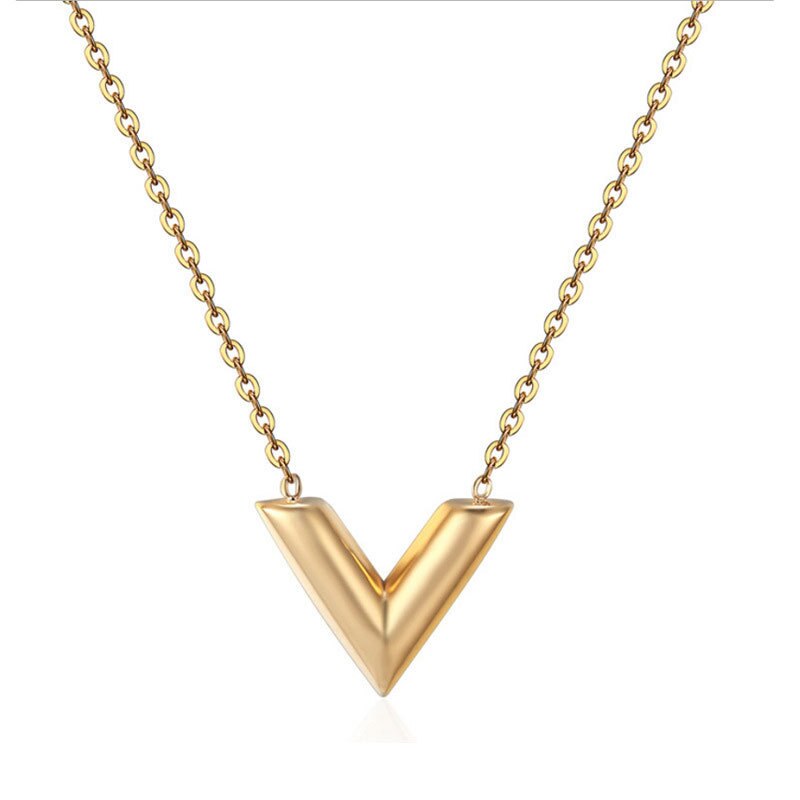 Classic Design Famous Brand V Letter Pendant Necklace For Woman Stainless Steel Woman Necklace  Jewelry Female