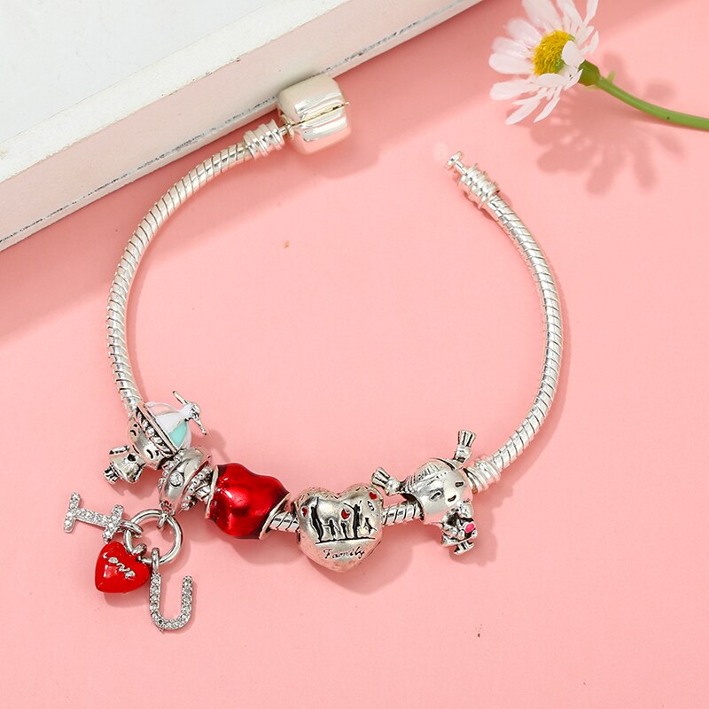 Classic Design Red Crystal I LOVE Pendant Beads Bracelet Silver Color Boy Girl Charm Jewelry Bracelet For Women Pulsera Mujer