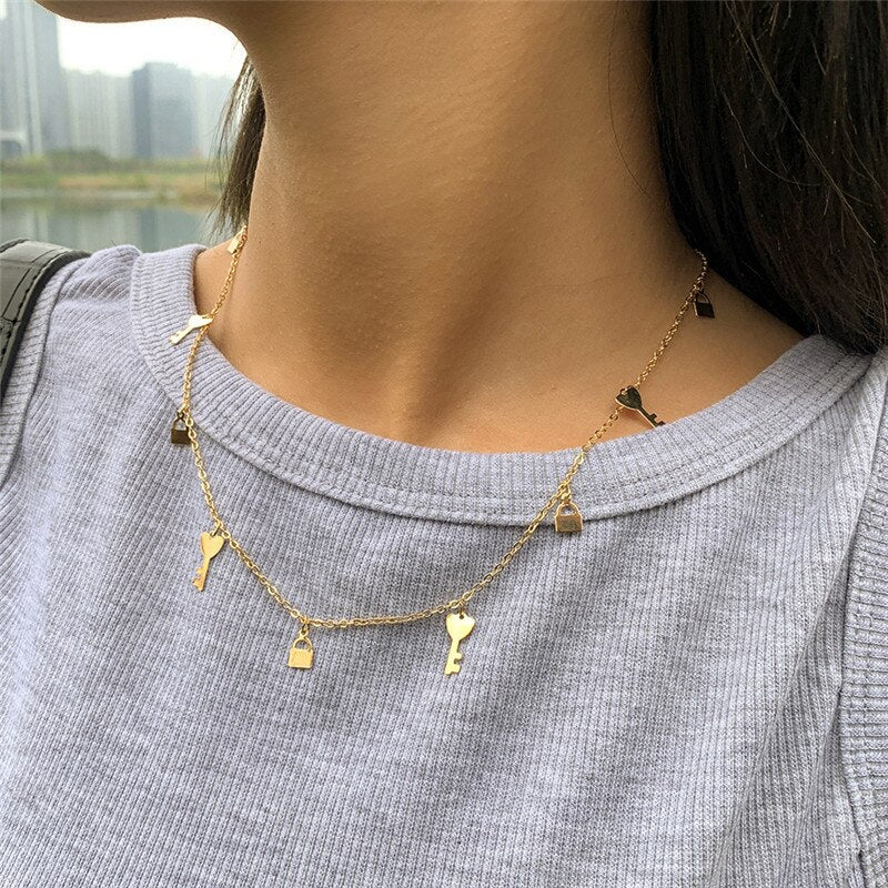 Classic Ethnic Style Geometric Key Lock Single Layer Necklace Accessories Gift Gothic Stylish Trendy Temperament Thin Neck Chain
