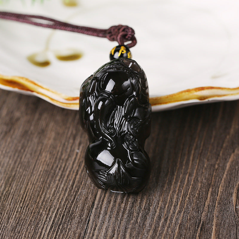 Classic Handwork Natural Black Obsidian Carved Chinese Lucky PiXiu Amulet Pendant Necklace Rope Chain Fine Fashion Jewelry
