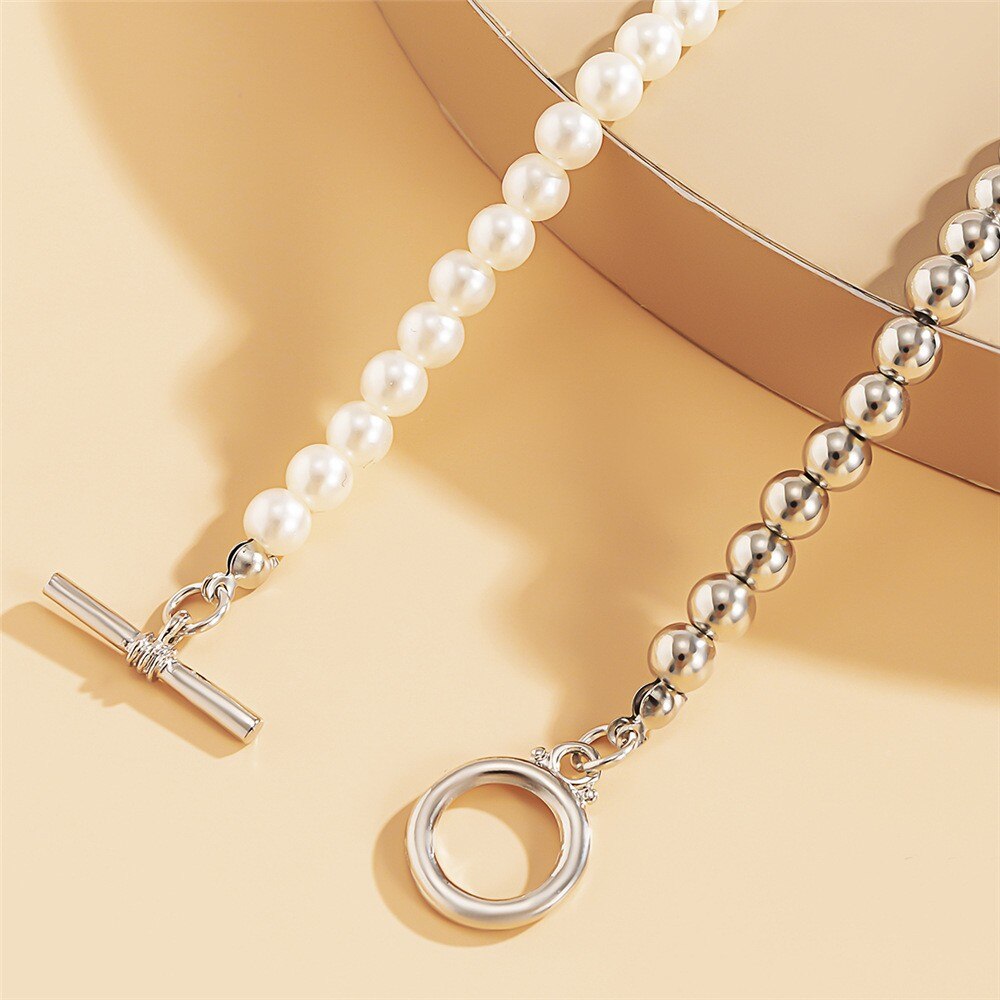 Classic Imitation Pearl Strand Choker Necklace White Gold Silver Color Beads Chain OT Lariat Clavicle Collar Necklace Jewelry
