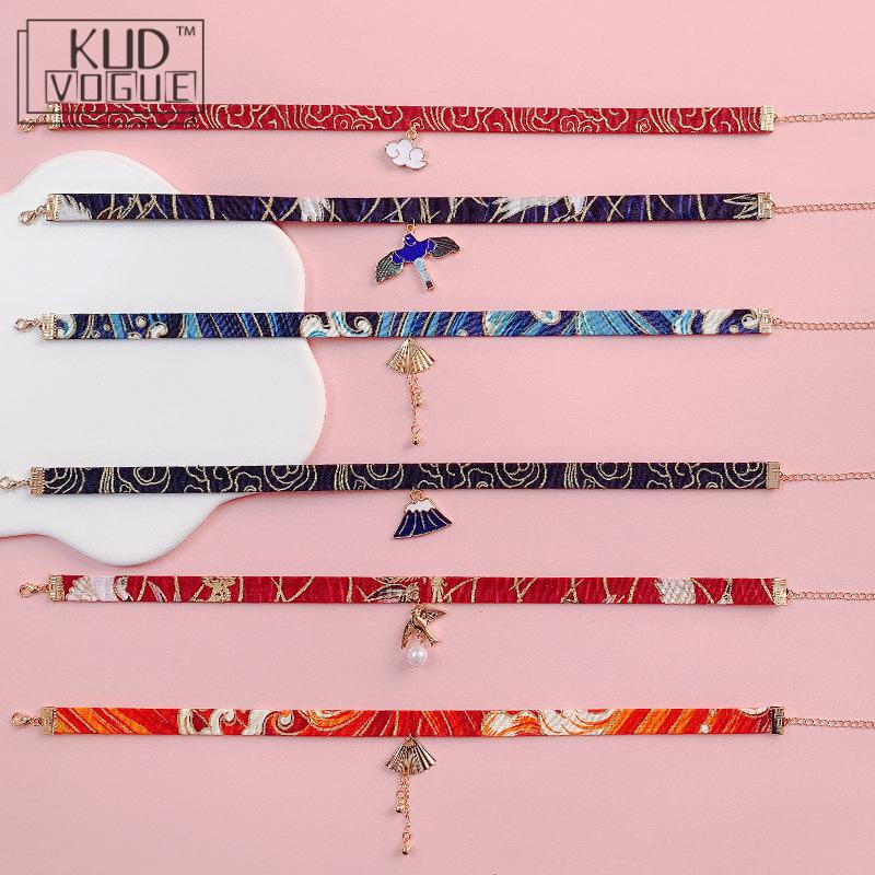 Classic Japanese Style Vintage Ribbon Rope Doll Choker Cute Romantic Women Bird Cat Carp 2021 Party Club Pendant Short Necklace