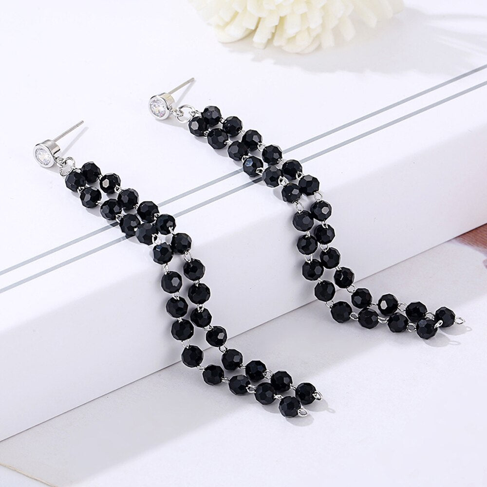 Classic Long Black Beaded Copper Earrings For Women Romatic Fine Jewelry Rhinestone Tassel Black Dangle Stud Earrings To Gift