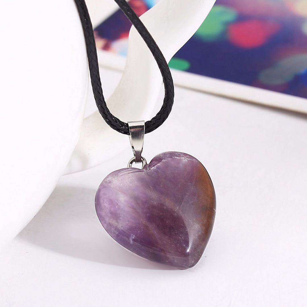 Classic Love Heart Necklaces Fashion Natural Gem Stone Leather Chain Pendant Necklace Femme Bijoux Charms Jewelry Shellhard