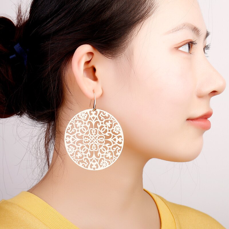 Classic s Big Hollow Flower Drop Earrings For Woman Gold Silver Color Bohemian Jewelry Statement  Party Gift