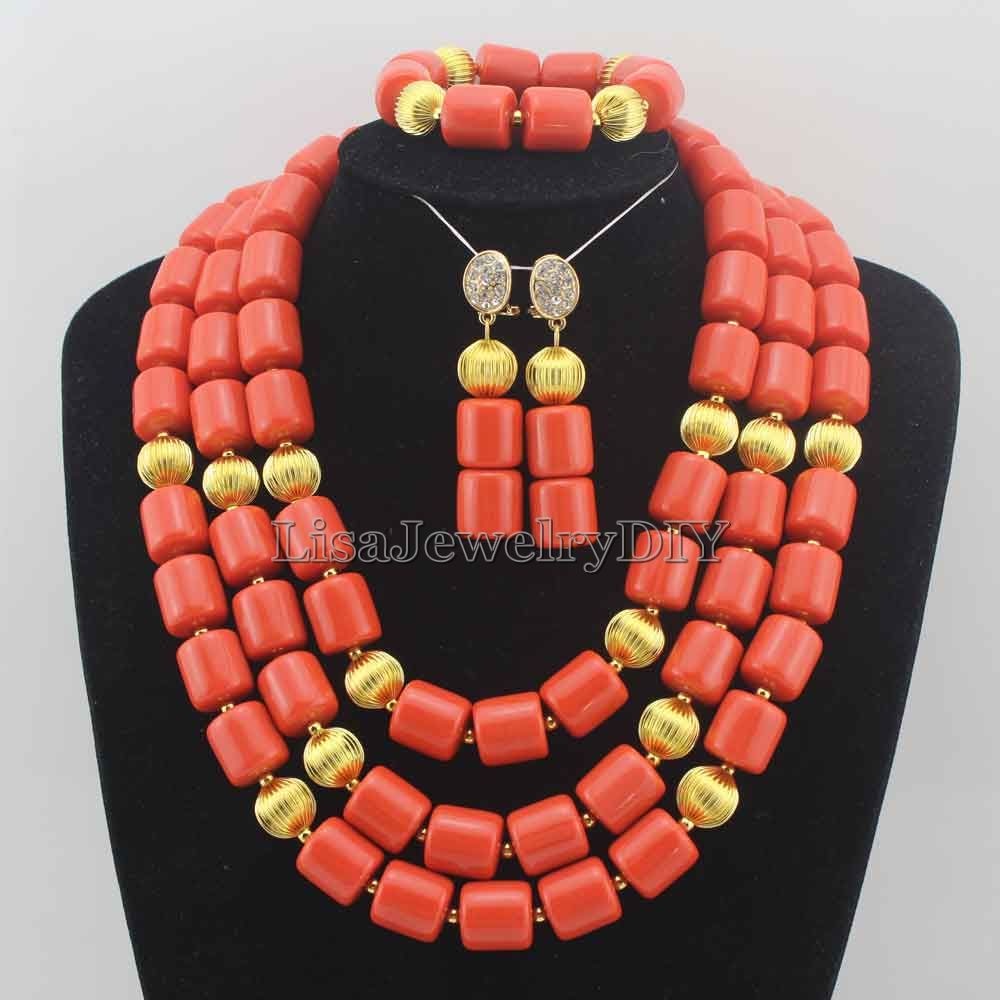 Classic Nigerian Wedding bride jewelry African Coral Beads Jewelry Set Costume Jewelry Sets dubai women necklace set  L1012