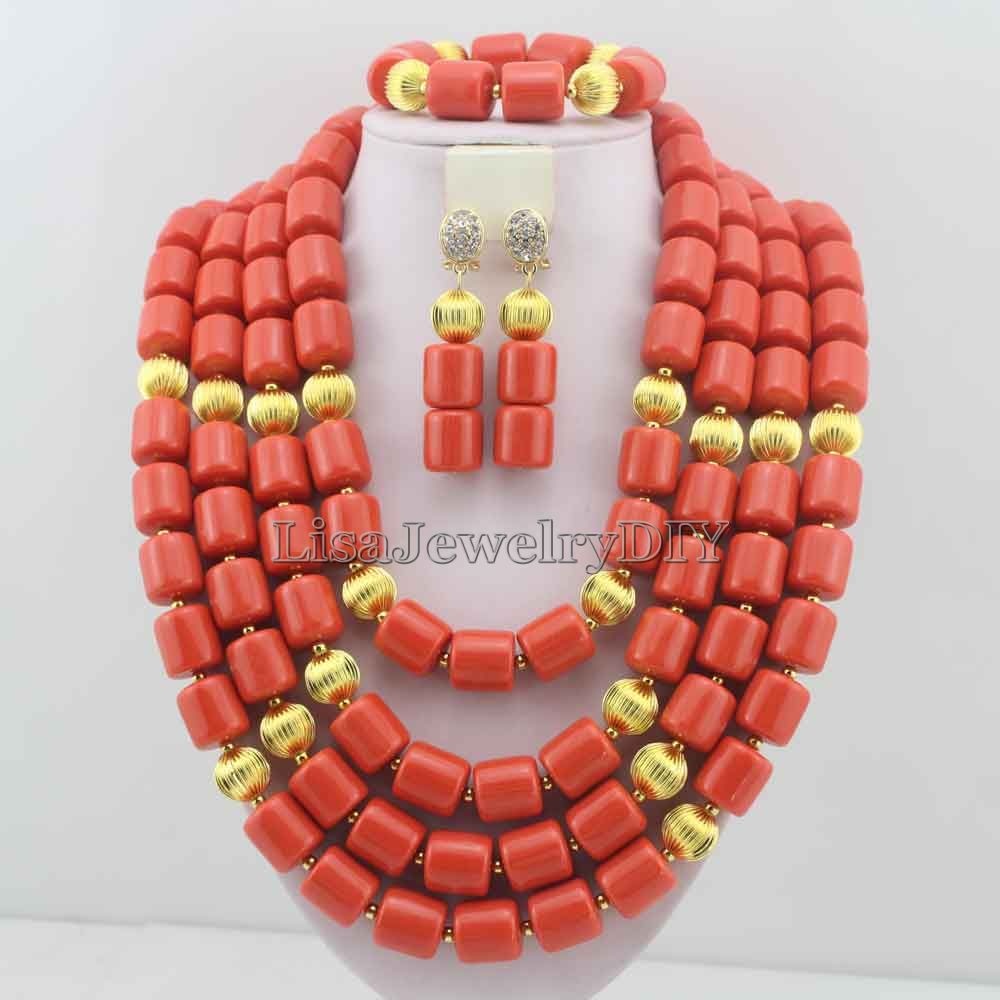 Classic Nigerian Wedding bride jewelry African Coral Beads Jewelry Set Costume Jewelry Sets dubai women necklace set  L1012