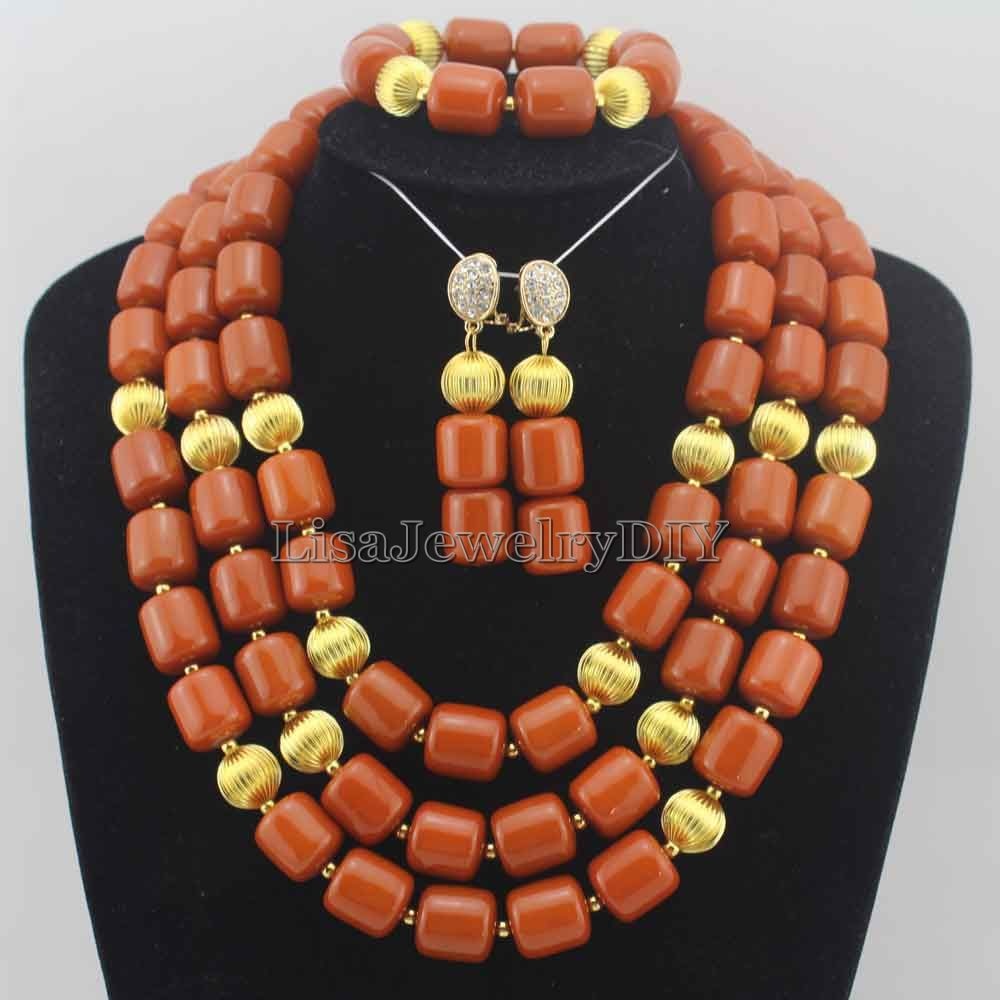 Classic Nigerian Wedding bride jewelry African Coral Beads Jewelry Set Costume Jewelry Sets dubai women necklace set  L1012