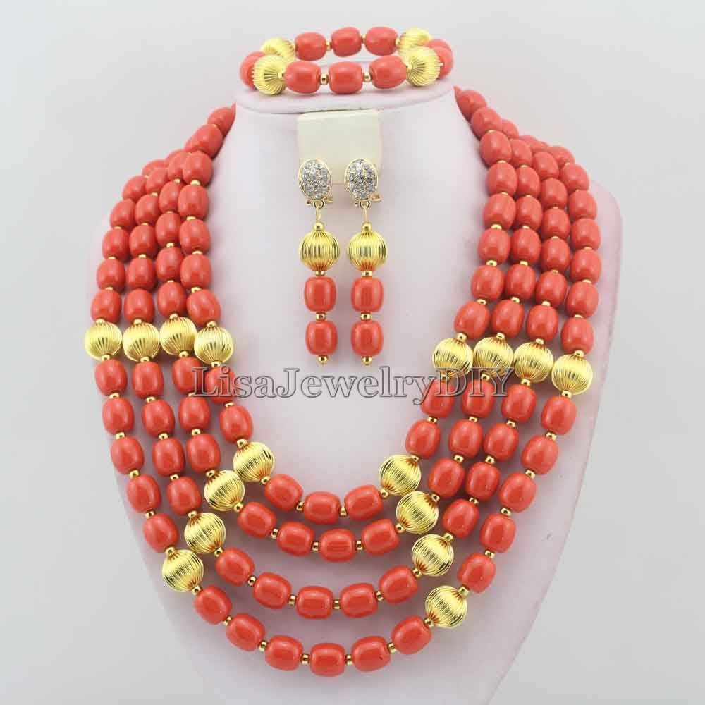 Classic Nigerian Wedding bride jewelry African Coral Beads Jewelry Set Costume Jewelry Sets dubai women necklace set  L1012