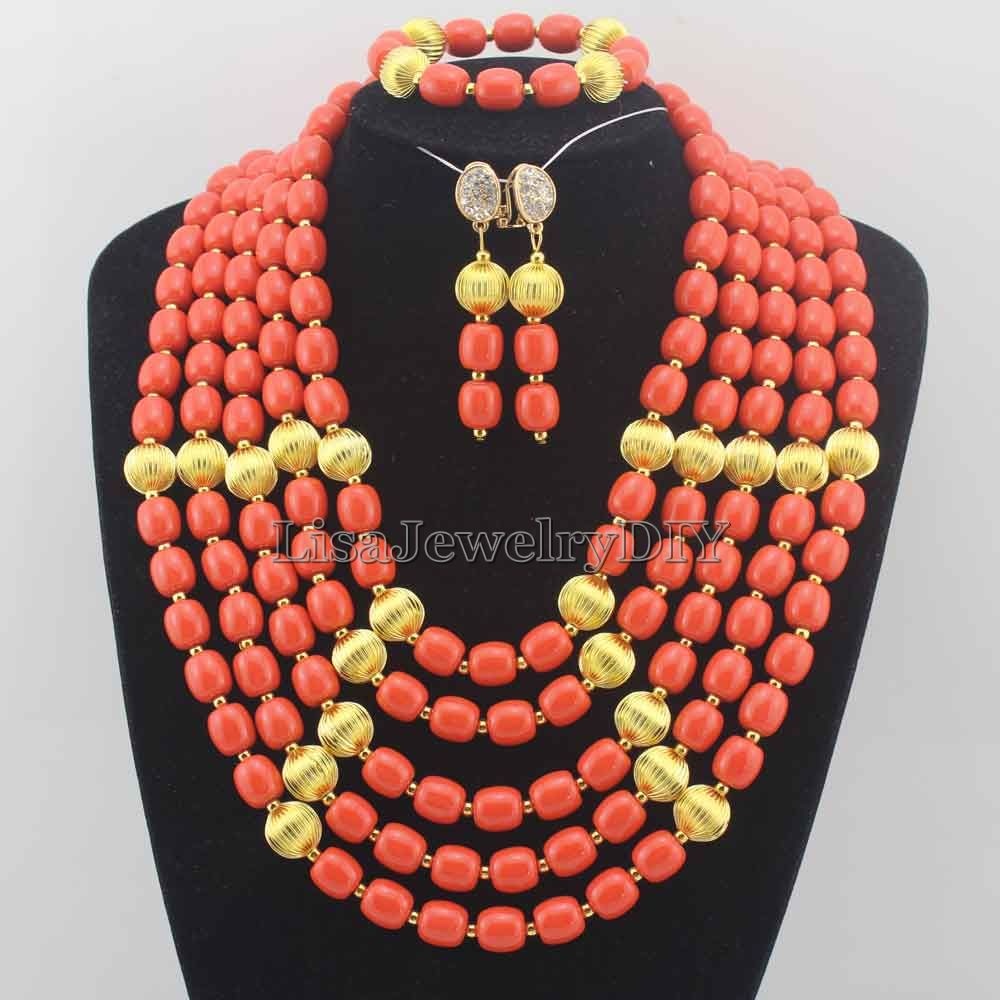Classic Nigerian Wedding bride jewelry African Coral Beads Jewelry Set Costume Jewelry Sets dubai women necklace set  L1012