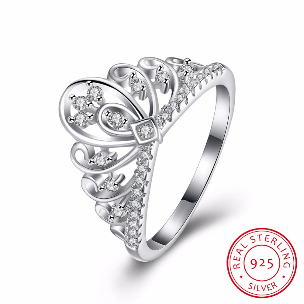 Classic Princess Queen Crown Pure 925 Sterling Silver Ring Clear Cubic Zirconia Jewelry Anniversary Wedding Rings for Women
