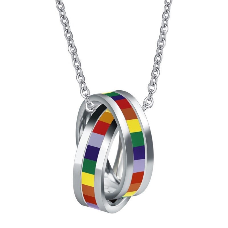 Classic Rainbow Double Circle Men  Women Stainless Steel Necklaces Pendant LGBT Lesbian Female Jewelry 20" Chain