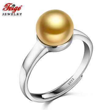 Classic Real Pure Silver 925 Pearl Ring for Women Anniversary Jewelry Gifts 8-9MM Golden Pearl Rings Wholesale FEIGE