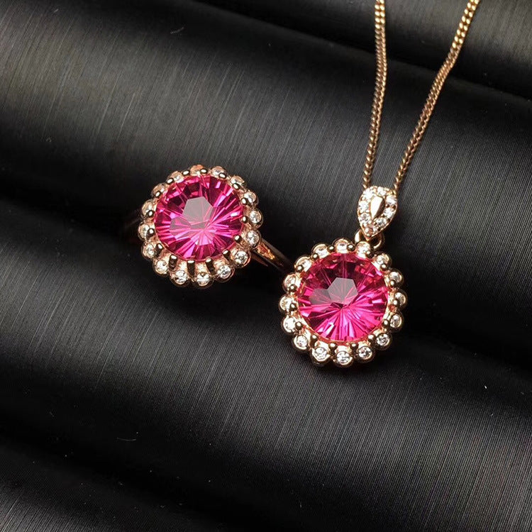 Classic Round Genuine 925 Sterling Silver Rainbow Fire Mystic Topaz Pendant Ring For Women Wedding Gift Set