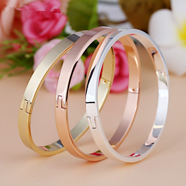 Classic Stainless Steel Cuff Bracelets&Bangles Top Gold Color Brand CZ Crystal Buckle Love Charm Bracelet For Women Jewelry
