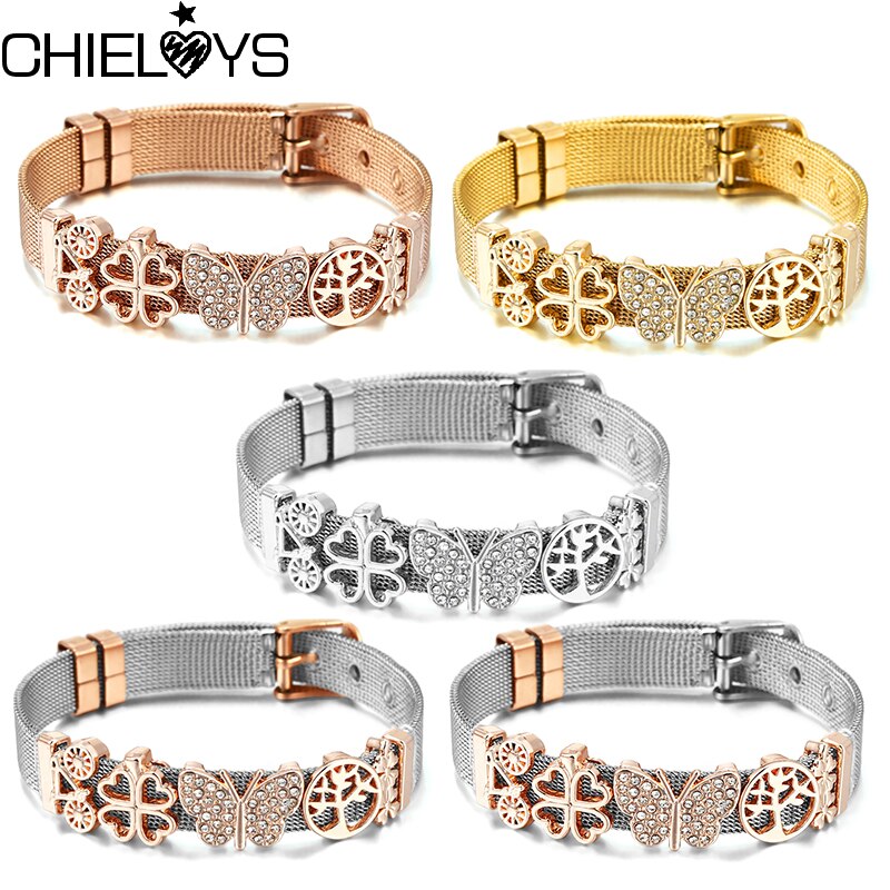 Classic Stainless Steel Watch Belt Mesh Bracelet Micro Pave CZ Crystal Butterfly Charm Bracelets Party Wedding Jewelry