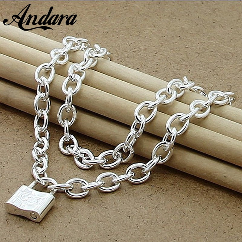 Classic Style 925 Silver Color Square Lock Pendant Necklaces For Women Men Brand Jewelry Lover Gift N147