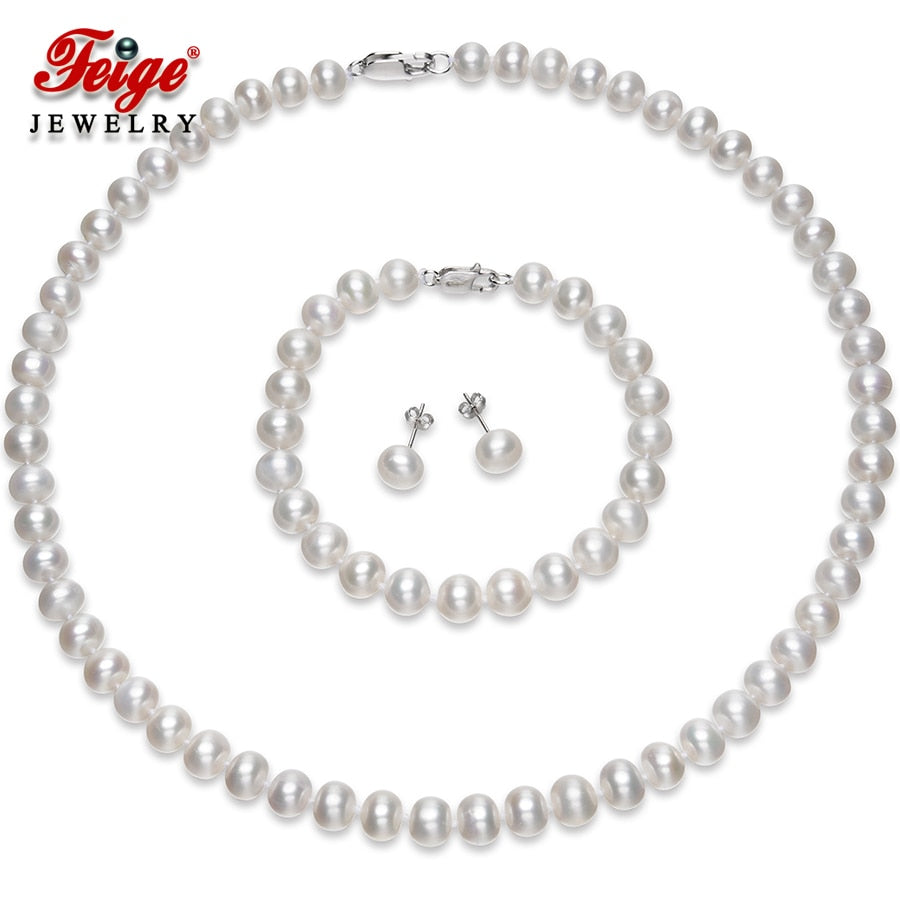 Classic White Natural Pearl Jewelry Sets for Women Wedding Jewelry Gifts 8-9MM Pearl Necklace Set Dropshipping FEIGE