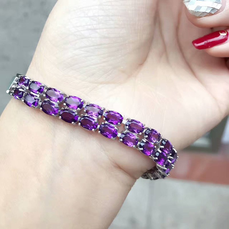 Classic double rows amethyst bracelet 50PCS natural amethyst gems silver bracelet luxurious solid 925 silver amethyst bracelet