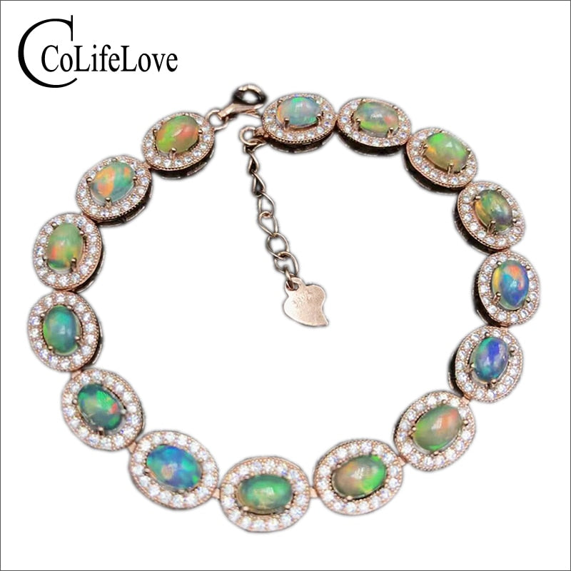 Classic silver opal bracelet 7.5ct 15pcs natural opal gemstone bracelet solid 925 sterling silver bracelet luxury gift for girl