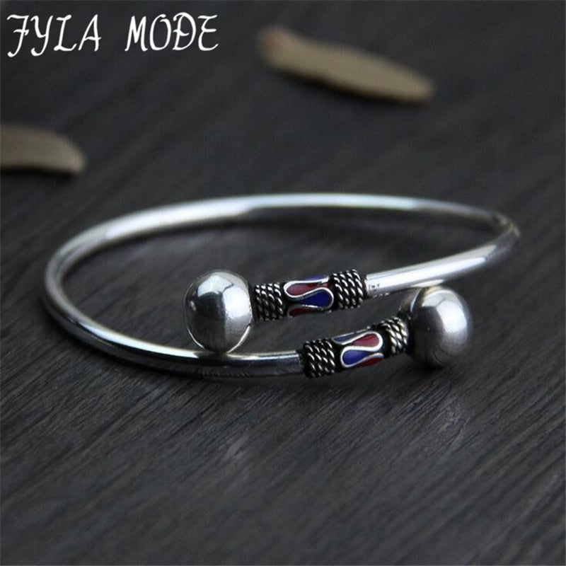 Classical 999 Silver Simple Bar With Ball Enamel Cuff Bangle Bracelets For Women Adjustable Charm Love Opening Thin Bangles 3mm