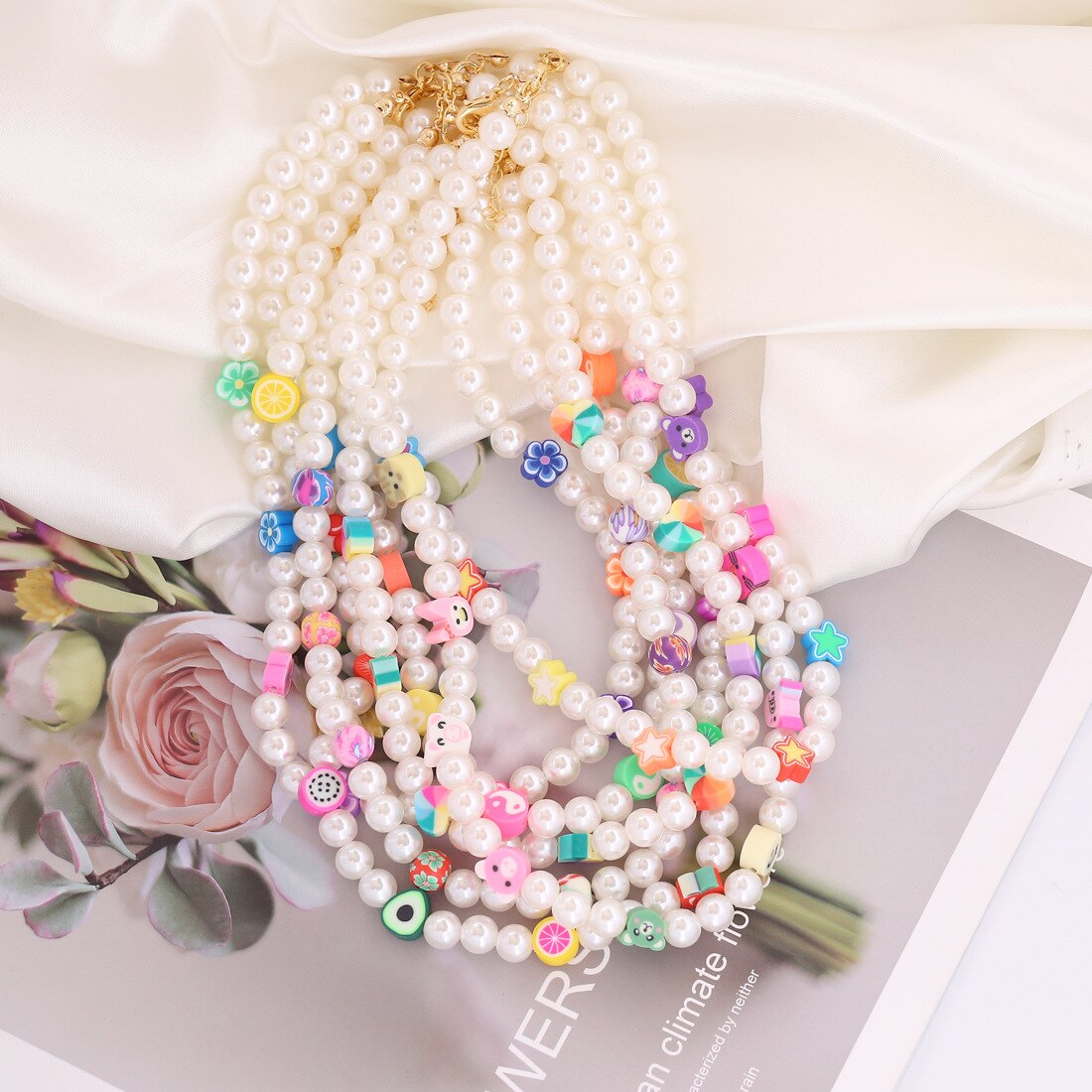 Clay Fruit Star Choker Beads Necklace White Simulated Pearl Cute Summer Y2K Collar Necklace for Teen Girls Women Party Gift