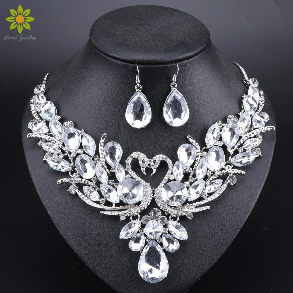 Clear-Crystal-Bridal-Jewelry-Sets-Silver-Color-Swan-Pendant-Necklace-Women-Gift-Party-Wedding-Prom-Necklace