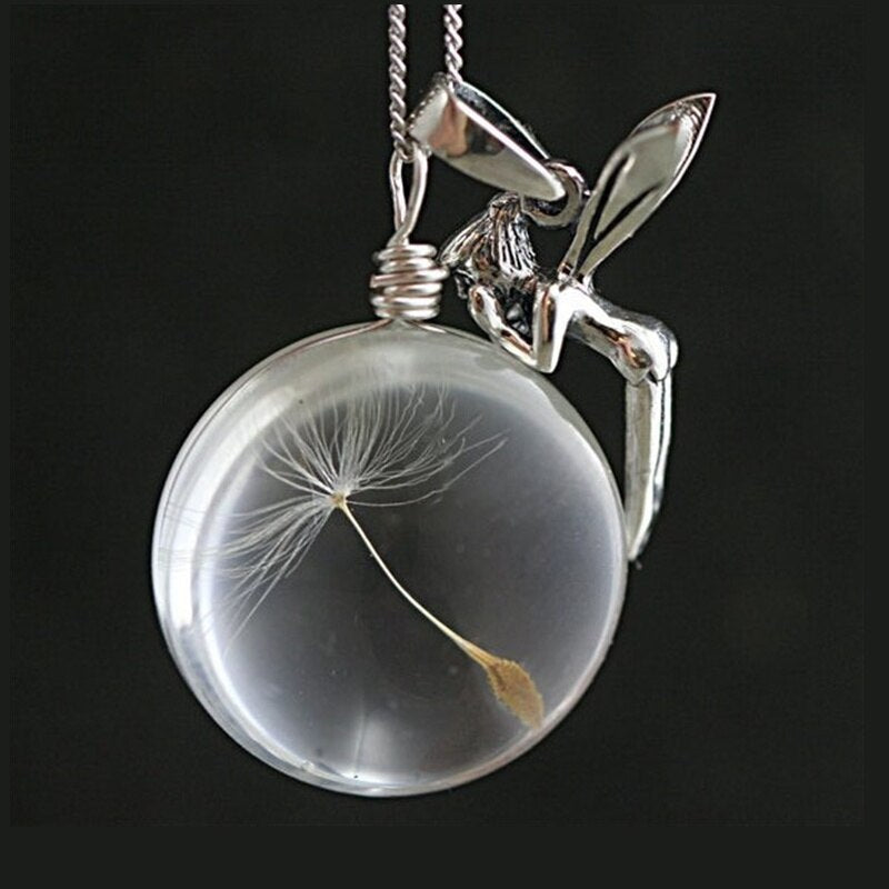 Clear Wish Glass Ball Pendant Necklace Flying Fairy Charm Dandelion Seed Transparent Time Gem Jewelry Christmas Gift For Friends