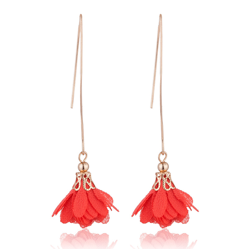 Cloth Flower Handmade Craft Hanging Long Golden Dangle Drop Earrings For Women Ladies Statement Jewelry Accessories Wholesale