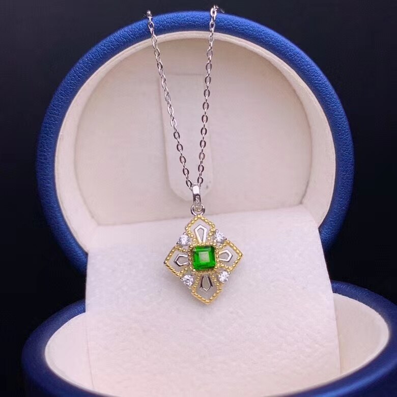 CoLife Jewelry Vintage Gemstone Pendant for Daily Wear 4mm Natural Chrome Diopside Necklace Pendant 925 Silver Gemstone Jewelry