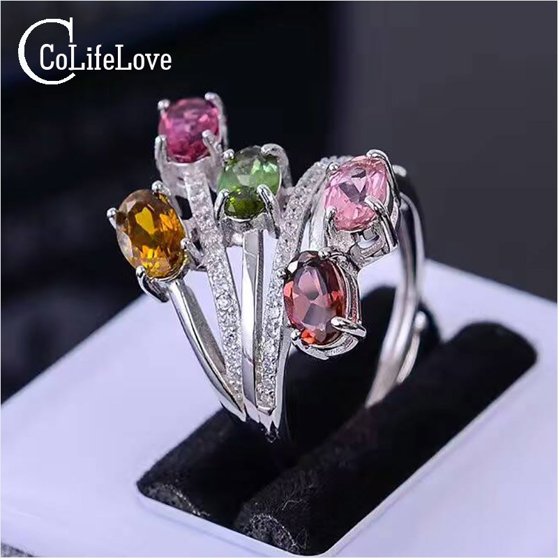 CoLife Jewelry fashion silver tourmaline silver ring 4 pcs multicolor tourmaline ring solid 925 sterling silver gemstone ring