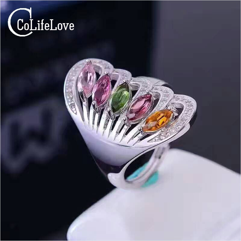CoLife Jewelry fashion silver wing ring 5 pcs natural tourmaline ring solid 925 silver tourmaline ring romantic birthd gift