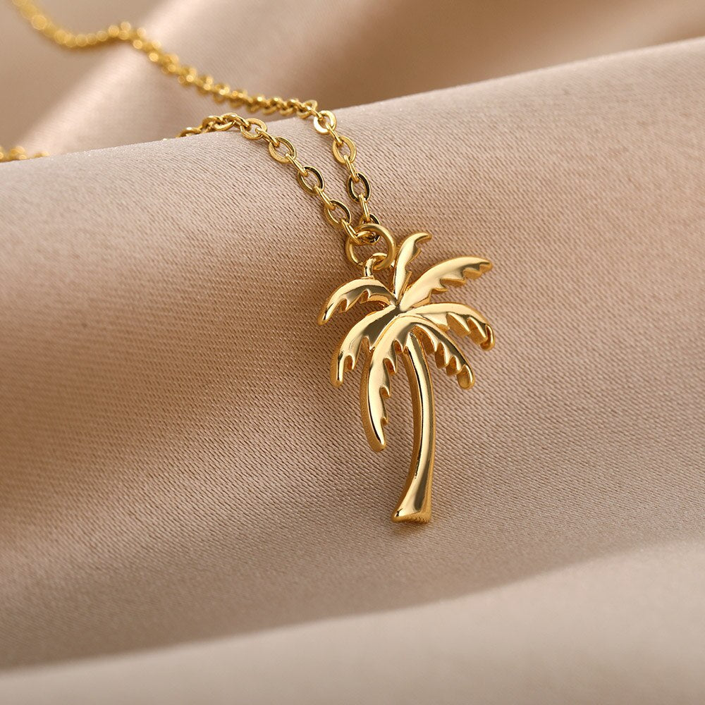Coconut Tree Pendant Necklace For Women Stainless Steel Gold  Color Plant Necklaces 2023 Trend Couple Jewelry collares
