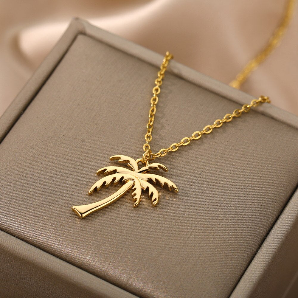 Coconut Tree Pendant Necklace For Women Stainless Steel Gold  Color Plant Necklaces 2023 Trend Couple Jewelry collares