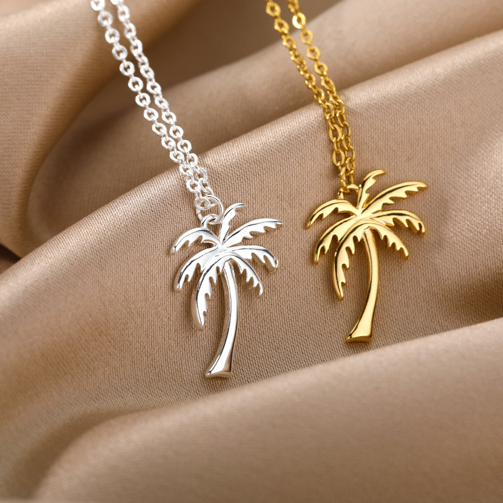 Coconut Tree Pendant Necklace For Women Stainless Steel Gold  Color Plant Necklaces 2023 Trend Couple Jewelry collares