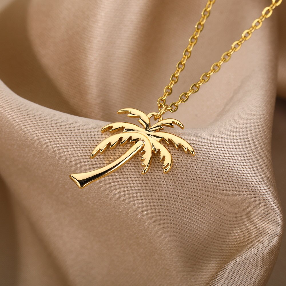 Coconut Tree Pendant Necklace For Women Stainless Steel Gold  Color Plant Necklaces 2023 Trend Couple Jewelry collares